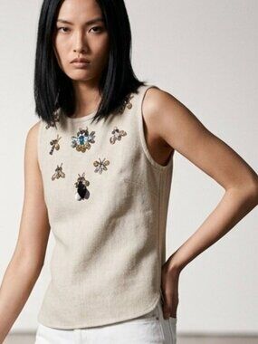 Banana Republic Embellished Linen & Cotton Structured Shell Top S